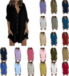 2025 Womens Oversized Cotton Linen Shirts Button Down 3/4 Sleeve Stand Up Collar T Shirts with Pockets Ladies Elegant Plain Loose Beach Holiday Long Coverups Blouse Casual Tops Black
