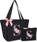 Vavabox 2 Pcs Gift Set Initial Tote Bag&Letter Makeup Bag