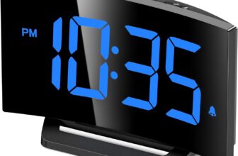 Save 53% Digital Alarm Clock for Bedrooms with Modern Curved Design, Conspicuous Blue LED Numbers, 6 Levels Brightness, 2 Volume, 3 Alarm Tones, Snooze, Power-Off Memory, 12/24H, Bedside Clock