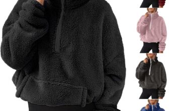 Half Zip Fleece Women Fall Winter Pullover Casual-Fluffy Pullover Tops Crop Long Sleeve Stand Collar Teddy Fleece Tunic Tops Zip Up Jumpers Loose Fit Sweatshirts Fall Winter Warm Coats