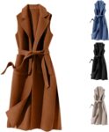 Women Wool Blend Trench Coats Sleeveless Winter Overcoat With Belted Slim Longline Trench Coat Ladies Long Vest Jackets Lightweight Lapel Pea Coat Casual Outerwear With Pockets