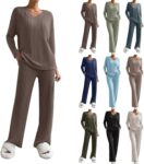50% OFF 2 Piece Outfits For Women Uk, Tracksuit Full Set, Ladies Fall Fleece Tracksuits Casual V Neck Long Sleeve Sweater Full Length Wide Leg Trousers Solid Color Co Ord Sets Lightweight Comfy Homewear