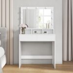 VASAGLE Dressing Vanity with Large Mirror, LED Lights, 2 Drawers, 3 Compartments,