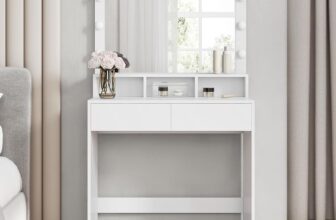 VASAGLE Dressing Vanity with Large Mirror, LED Lights, 2 Drawers, 3 Compartments,