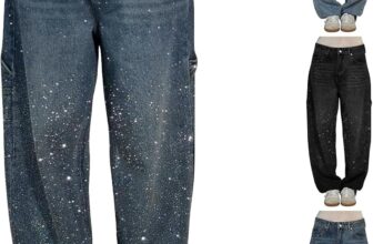 Jeans with Rhinestones Glitter Women’s Denim Jeans Women’s Baggy Boyfriends Trousers with Pockets Glitter Harem Jeans