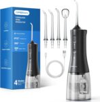 Operan Water Dental Flosser for Teeth Cordless,O 300ML Rechargeable Oral Irrigator with 4 Modes, Water Flossers for Adults, IPX7 Waterproof, Use at Home/Travel, Black，1 Pack + 4 Nozzles