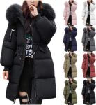 Winter Jackets For Women Uk Long Quilted Padded Coat Hooded Puffer Down Coats Ladies Lightweight Waterproof Jacket With Fluffy Hood Casual Trench Coat Warm Parka Outerwear Plus Size