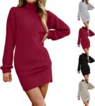 Women’S Jumper Dress UK, Long Sleeve Ribbed Knitted Sweater Dress Winter Warm-High Neck Straight Fit Autumn Winter Tunic Dresses Comfy Lounge Womens Long Sleeve Striped Pullover Sweater