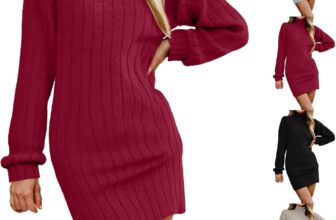 Women’S Jumper Dress UK, Long Sleeve Ribbed Knitted Sweater Dress Winter Warm-High Neck Straight Fit Autumn Winter Tunic Dresses Comfy Lounge Womens Long Sleeve Striped Pullover Sweater