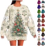 Christmas Jumpers For Women Uk Xmas Tree Graphic Print Xmas Sweatshirts Winter Warm Women’S Sweatshirt Pullover With Bowknot Sleeve Funny Graphic Holiday Tops Loose Fit Crew Neck Sweaters