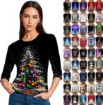 50% OFF Christmas Jumpers For Women UK Xmas Sweatshirts Sparkly Tops Christmas Tree Print 3/4 Sleeve T Shirt Crewneck Pullover Casual Party Holiday Clothes
