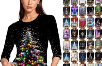 50% OFF Christmas Jumpers For Women UK Xmas Sweatshirts Sparkly Tops Christmas Tree Print 3/4 Sleeve T Shirt Crewneck Pullover Casual Party Holiday Clothes