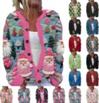 Womens Christmas Cardigan Lightweight Long Sleeve Button Sweaters Ladies Chunky Cable Knit Printed Cardigans