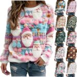 Christmas Jumpers for Women UK Ladies Jumpers Loose Fit Long Sleeve Crewneck Sweatshirts Hoodies Fashion Xmas Tree Graphic Pullover Casual Lightweight Shirt Activewear Outfits Clothing