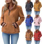 Women’S Fleece Pullover Sweatshirt Quarter Zipper Fleece Tops For Women Uk Fashion Turndown Collar Ladies Sweatshirts Without Hood Winter Warm Long Sleeves Pullover Sweaters With Pockets