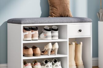 YITAHOME Shoe Bench, Storage Bench with Padded Seat, with Cushion, Shoe Storage Bench with Fabric Drawer and Open Compartments, for Living Room, Hallway, White and Grey