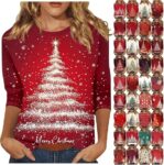 Christmas Jumpers For Women Uk Funny Cute Glitter Xmas Tree Graphic Printed Sweatshirts Crew Neck 3/4 Sleeve T Shirt Casual Print Patterns Holiday Jumper 2025 Fall Winter Festival Outfit Womens