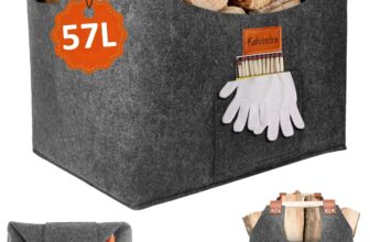 Log Basket – Extra Thick 4mm Wood Baskets for Logs, 57L Large Log Carrier with 15x18cm Double Pockets & Wooden Removable Handles, Felt Storage Bag for Shopping, Toy and Clothes
