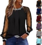 Sparkly Tops for Women UK Ladies Party Top Lace Long Sleeve V Neck Blouses Glitter Rhinestone Jumpers Sequin Tunic Elegant Evening Top Plus Size Casual Tees Tshirts