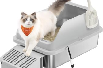 Feandrea Stainless Steel Cat Litter Box, High Sided Litter Tray with Open Top, Step, Scoop, Brush, for Cats up to 15 kg, Dove Grey PPT008GD01