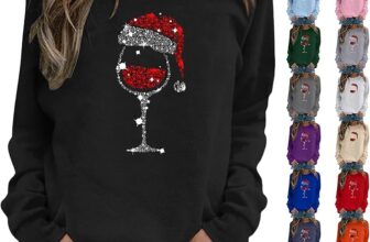 Christmas Jumpers for Women Fashion wine glass printed women’s jumpers Long Sleeve Shirts Ladies Crew Neck Sweaters long cardigans Casual Sweatshirt Tops Winter Outwear Pullover Outfits clothing
