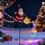 Solar Christmas Lights Outdoor, Santa Cascading Twinkle Lights Outdoor Christmas Decorations UK for Garden Hanging Metal Solar Santas Watering Can LED Colorful Light for Yard