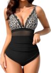 CMTOP Women’s One Piece Swimsuits Mesh Tummy Control Swimming Costume V Neck Swimwear Bathing Suit with Adjustable Straps