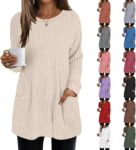 Women’s Lightweight Jumpers with Pocket Solid Colour Long Sleeves Pullover Tops Casual Crew Neck Curved Hem Tunic Top to Wear with Leggings Ladies Leisure Lightweight Long Knit Jumpers Sweater
