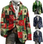 Mens Christmas Suit Jacket, Fashion Xmas Tree Print Coat Ugly Christmas Corduroy Jacket Slim Fit Lapel Jackets With Reindeer Snowflakes Vintage Leisure Holiday Party Costume