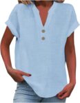 Ladies Tops Women’s Summer Cotton Linen Cap Sleeve T-Shirt Button