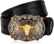 BISON DENIM Western Cowboy Leather Belts for Men Longhorn Bull Buckle Jeans Engraved Floral Belt