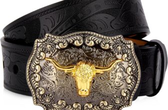 BISON DENIM Western Cowboy Leather Belts for Men Longhorn Bull Buckle Jeans Engraved Floral Belt