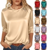 50% off Satin Tops for Women Elegant Going Out Tops Crew Neck 3/4 Sleeve Silk Blouse