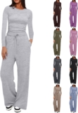 50% OFF Women Lounge Wear Sets Crew Neck Tracksuit Two Piece Outfit Stretch-Long Sleeve Top And Drawstring Wide Leg Pants Co Ord Sets Straight Leg Pants Tracksuit Activewear Casual Leisure Wear