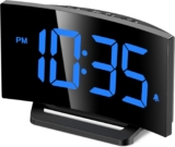 Save 53% Digital Alarm Clock for Bedrooms with Modern Curved Design, Conspicuous Blue LED Numbers, 6 Levels Brightness, 2 Volume, 3 Alarm Tones, Snooze, Power-Off Memory, 12/24H, Bedside Clock